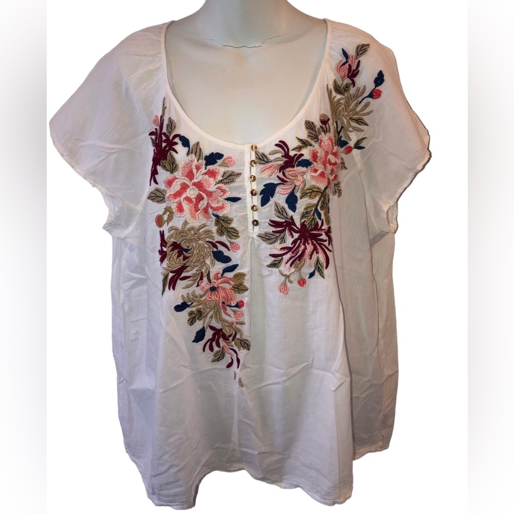 Johnny Was white cotton Tee #115686 size XL embroidered oversized top